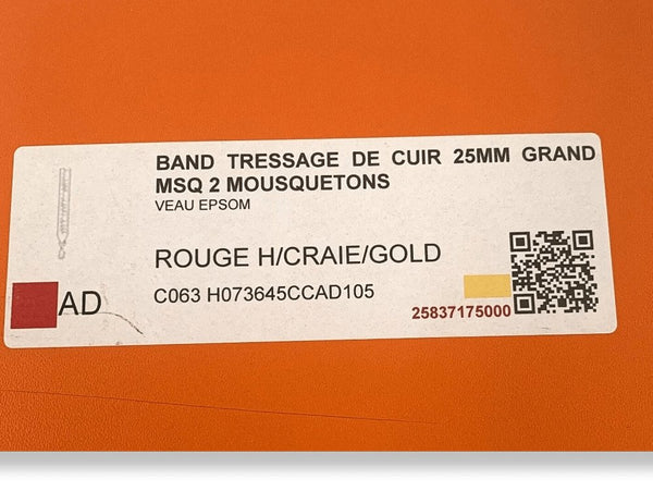 Hermes Rouge H/Craie/Gold Epsom SANGLE TRESSAGE 25 MM OR Bag Strap 105, NWTIB! - poupishop