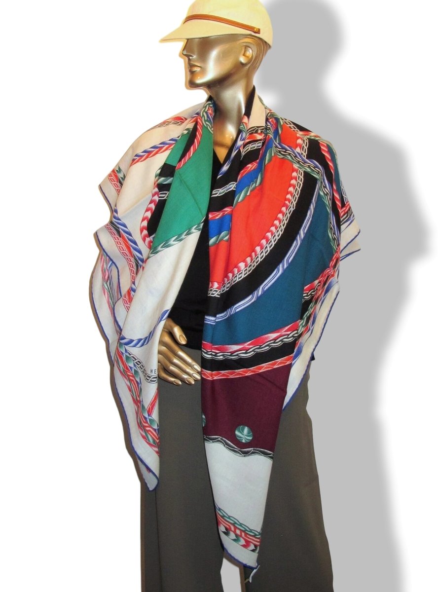 Hermes [S02] 2018 Blanc/Vert/Multicolore ROBE DU SOIR by Florence Manlik Cashmere Shawl 140, NWTIB! - poupishop
