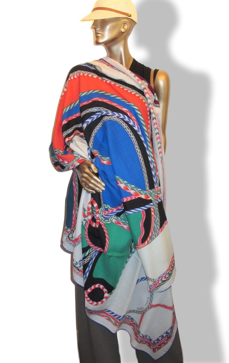 Hermes [S02] 2018 Blanc/Vert/Multicolore ROBE DU SOIR by Florence Manlik Cashmere Shawl 140, NWTIB! - poupishop