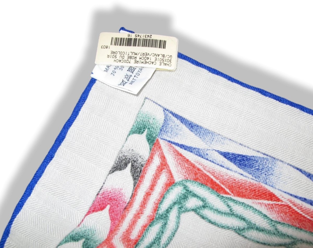 Hermes [S02] 2018 Blanc/Vert/Multicolore ROBE DU SOIR by Florence Manlik Cashmere Shawl 140, NWTIB! - poupishop
