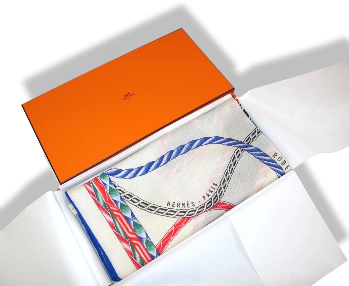 Hermes [S02] 2018 Blanc/Vert/Multicolore ROBE DU SOIR by Florence Manlik Cashmere Shawl 140, NWTIB! - poupishop