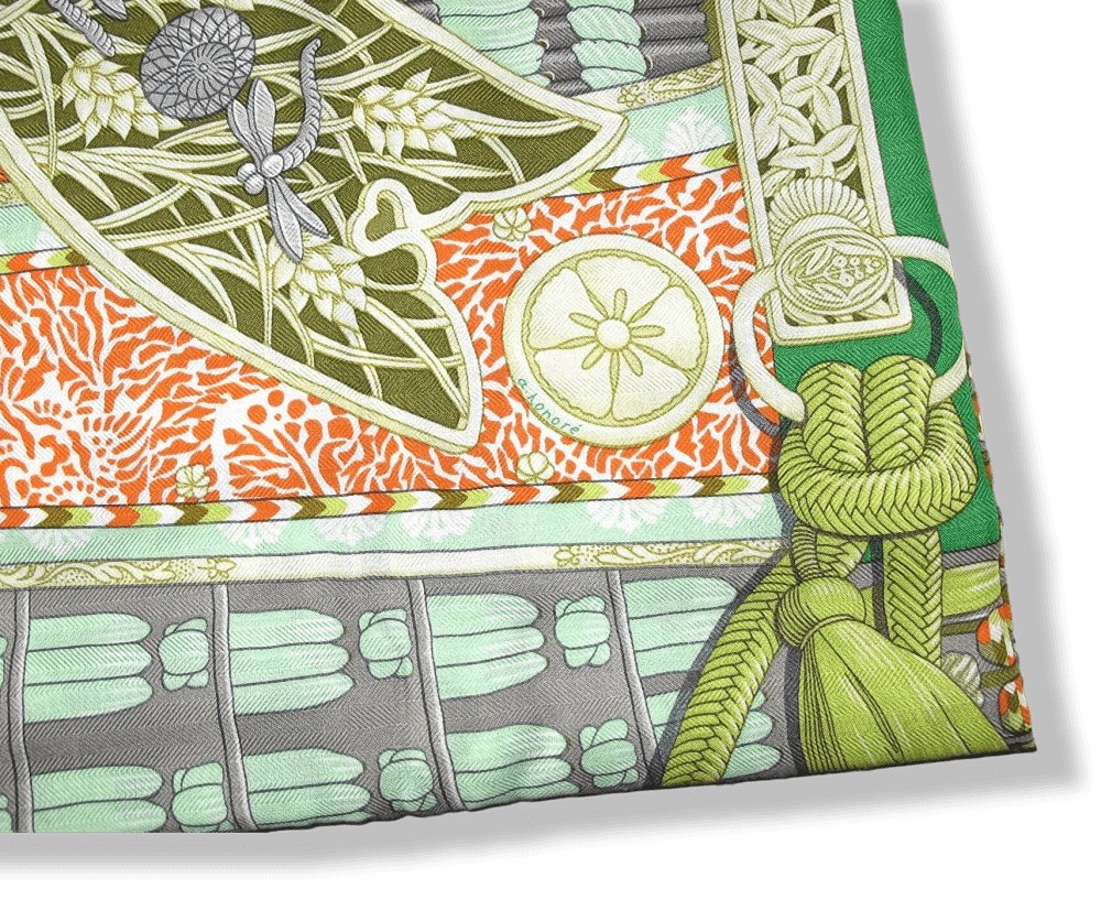 Hermes [S03] Emerald Salmon Absinthe PARURES DE SAMOURAIS Cashmere Shawl 140 CM, BNWTIB! - poupishop