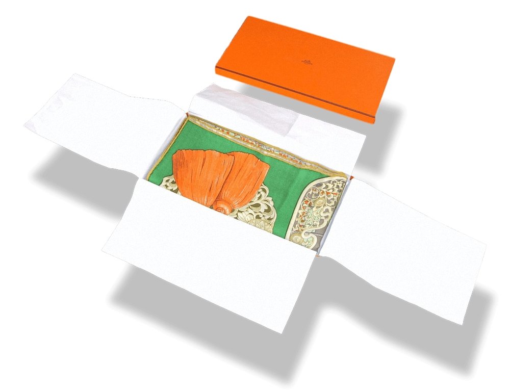 Hermes [S03] Emerald Salmon Absinthe PARURES DE SAMOURAIS Cashmere Shawl 140 CM, BNWTIB! - poupishop