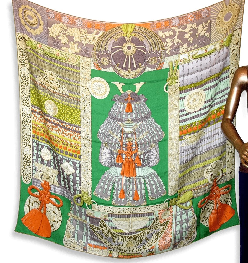 Hermes [S03] Emerald Salmon Absinthe PARURES DE SAMOURAIS Cashmere Shawl 140 CM, BNWTIB! - poupishop