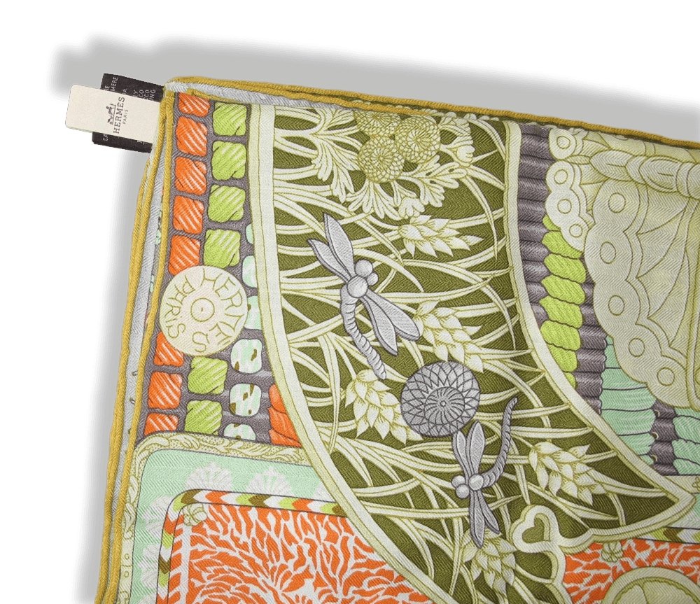 Hermes [S03] Emerald Salmon Absinthe PARURES DE SAMOURAIS Cashmere Shawl 140 CM, BNWTIB! - poupishop