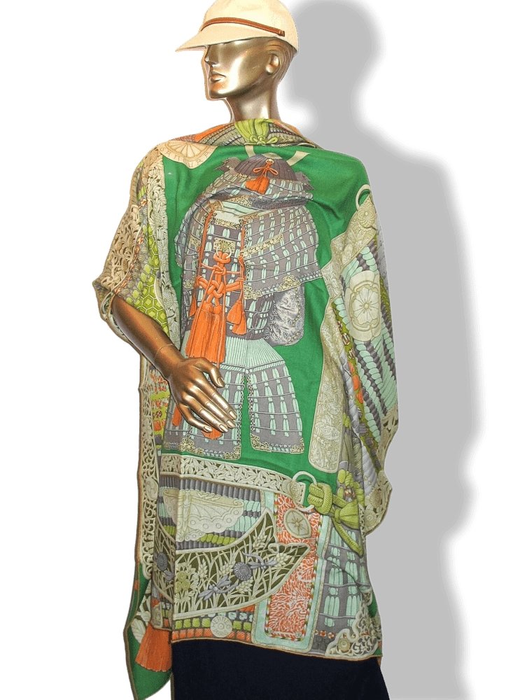 Hermes [S03] Emerald Salmon Absinthe PARURES DE SAMOURAIS Cashmere Shawl 140 CM, BNWTIB! - poupishop