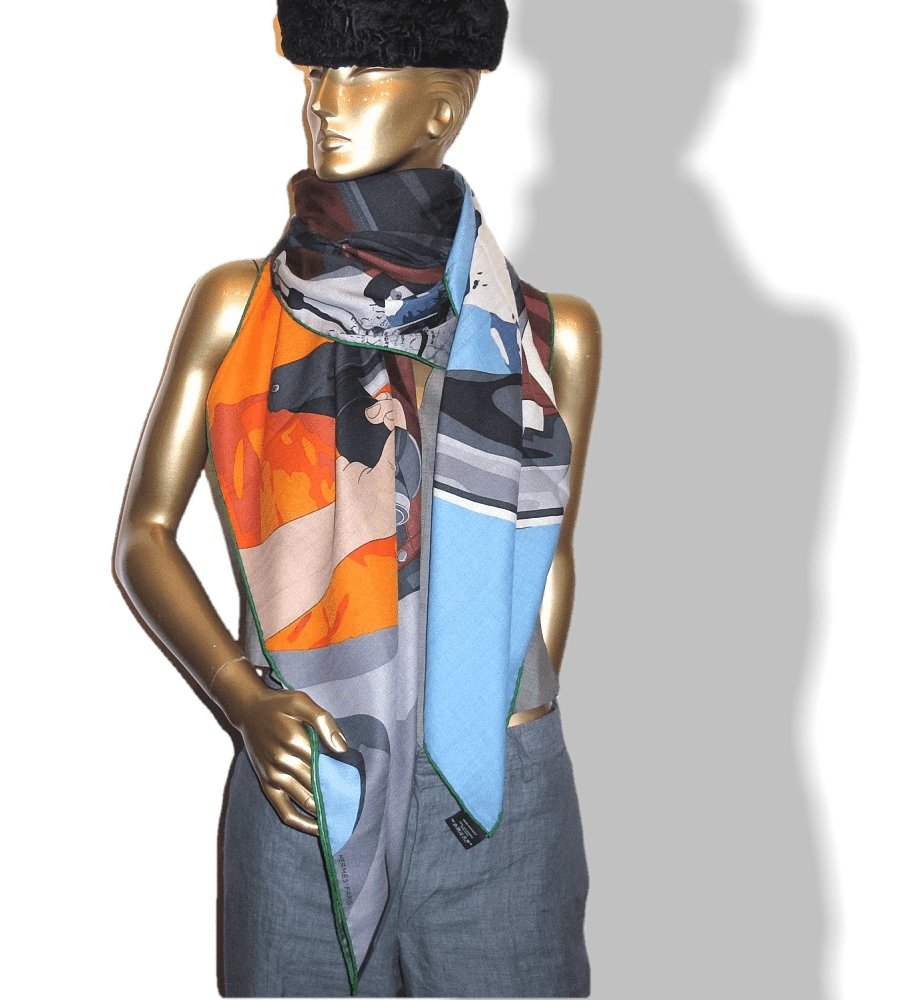 Hermes [S04] 2019 Anthracite Orange Sky Blue HIGH FLYER Cashmere Shawl 140, NWTIB! - poupishop