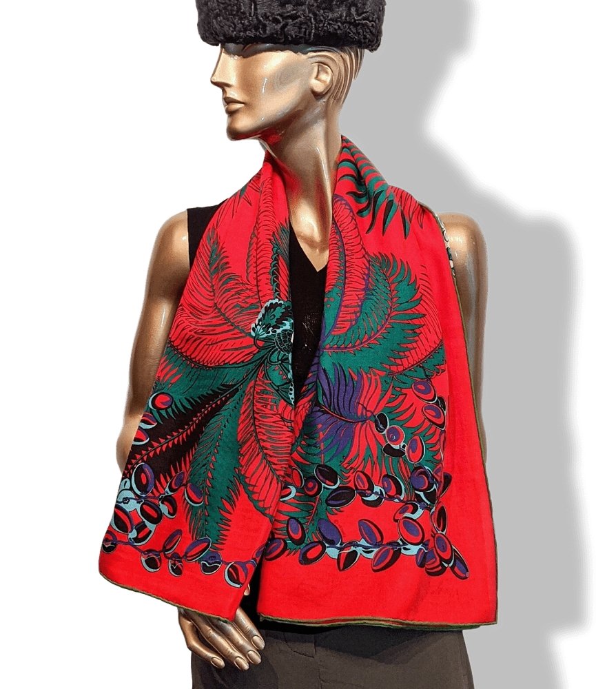Hermes [S06] Red Green White MYTHIQUES PHOENIX COLORIAGE Cashmere Shawl 140, BNWT! - poupishop