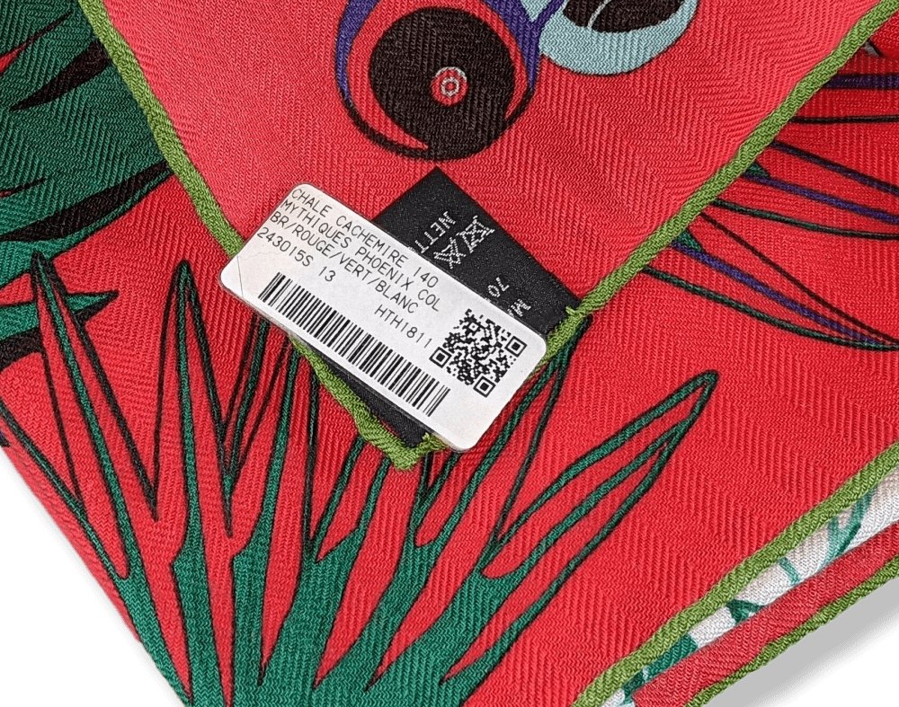 Hermes [S06] Red Green White MYTHIQUES PHOENIX COLORIAGE Cashmere Shawl 140, BNWT! - poupishop