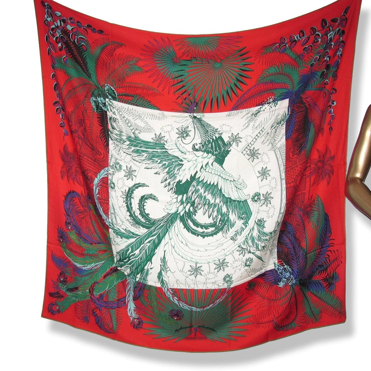 Hermes [S06] Red Green White MYTHIQUES PHOENIX COLORIAGE Cashmere Shawl 140, BNWT! - poupishop