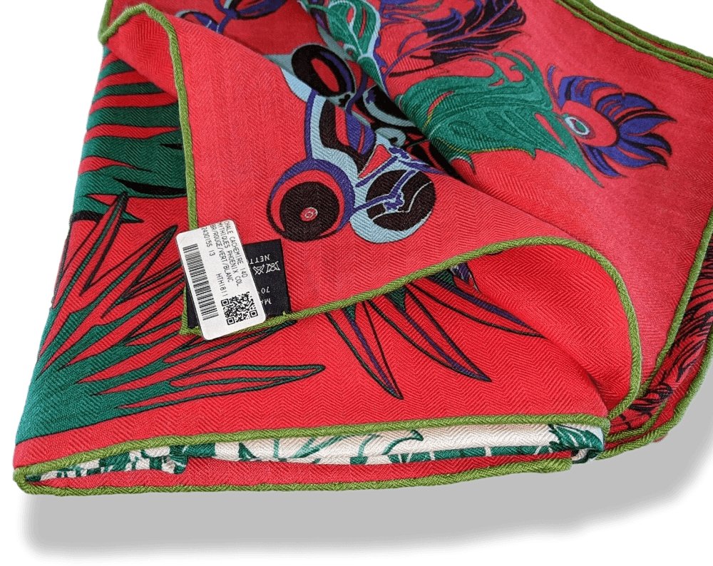 Hermes [S06] Red Green White MYTHIQUES PHOENIX COLORIAGE Cashmere Shawl 140, BNWT! - poupishop