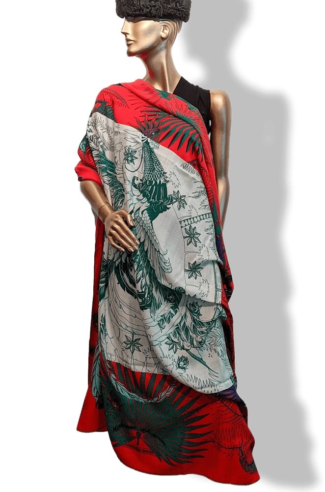 Hermes [S06] Red Green White MYTHIQUES PHOENIX COLORIAGE Cashmere Shawl 140, BNWT! - poupishop