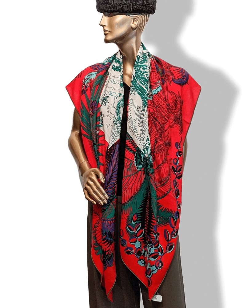 Hermes [S06] Red Green White MYTHIQUES PHOENIX COLORIAGE Cashmere Shawl 140, BNWT! - poupishop