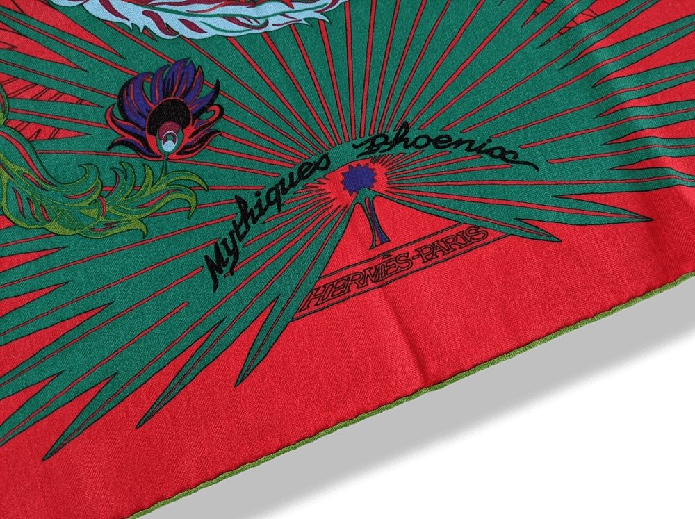 Hermes [S06] Red Green White MYTHIQUES PHOENIX COLORIAGE Cashmere Shawl 140, BNWT! - poupishop