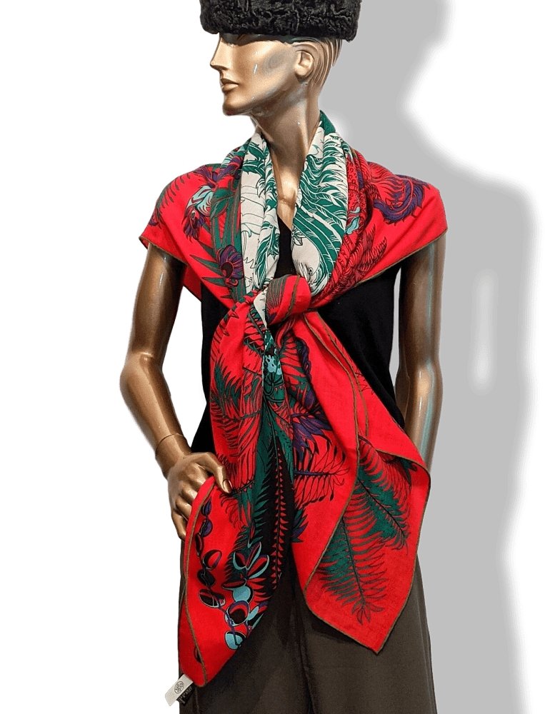 Hermes [S06] Red Green White MYTHIQUES PHOENIX COLORIAGE Cashmere Shawl 140, BNWT! - poupishop
