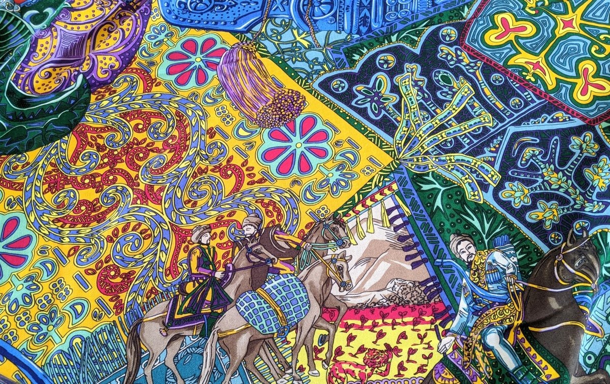 Hermes [S08] 2016 Red Turquoise Yellow CAVALIERS DU CAUCASE by Annie Faivre Cashmere Shawl 140, NWTIB! - poupishop