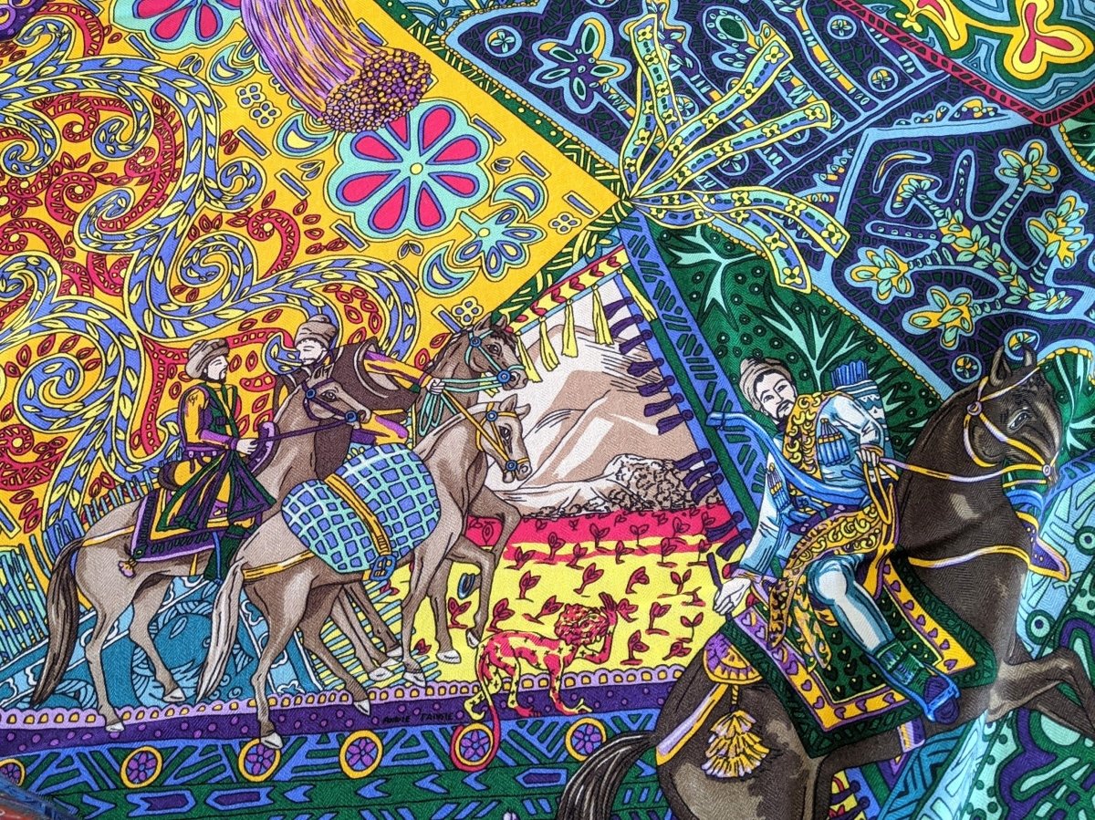 Hermes [S08] 2016 Red Turquoise Yellow CAVALIERS DU CAUCASE by Annie Faivre Cashmere Shawl 140, NWTIB! - poupishop