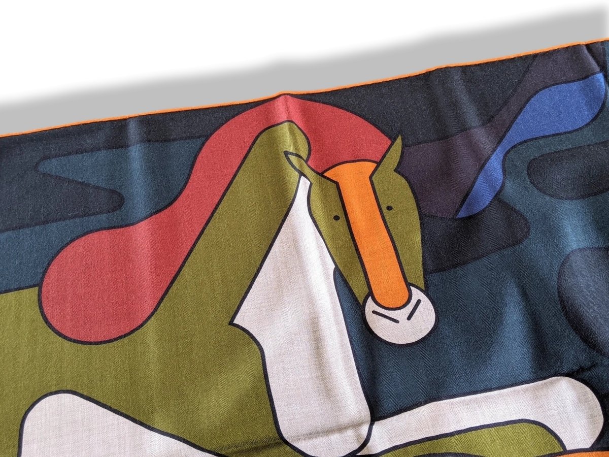 Hermes [S10] 2019 Orange Gris King Blue BRAZILIAN HORSES by Anne-Margaux Ramstein Cashmere Shawl 140, NWTIB! - poupishop