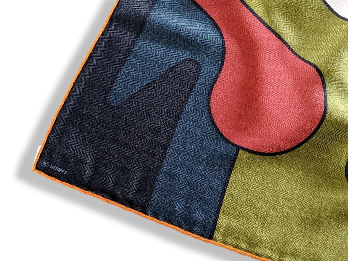 Hermes [S10] 2019 Orange Gris King Blue BRAZILIAN HORSES by Anne-Margaux Ramstein Cashmere Shawl 140, NWTIB! - poupishop