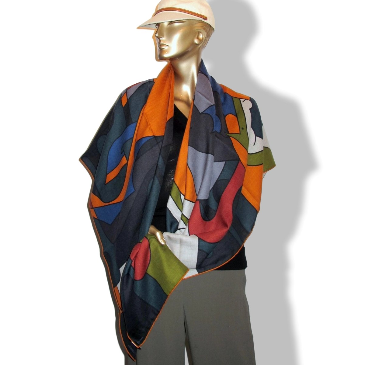 Hermes [S10] 2019 Orange Gris King Blue BRAZILIAN HORSES by Anne-Margaux Ramstein Cashmere Shawl 140, NWTIB! - poupishop