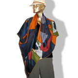 Hermes [S10] 2019 Orange Gris King Blue BRAZILIAN HORSES by Anne-Margaux Ramstein Cashmere Shawl 140, NWTIB! - poupishop