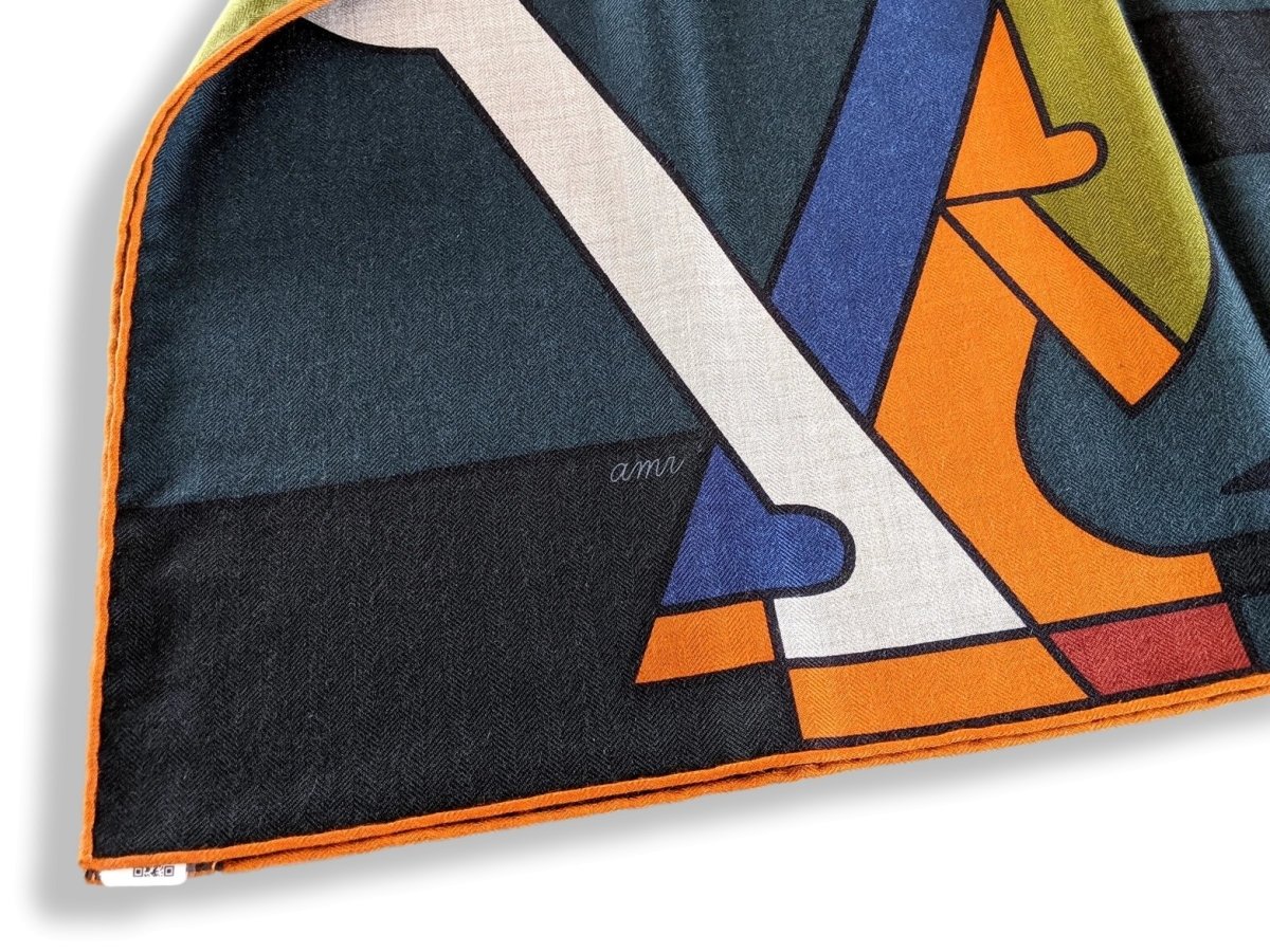 Hermes [S10] 2019 Orange Gris King Blue BRAZILIAN HORSES by Anne-Margaux Ramstein Cashmere Shawl 140, NWTIB! - poupishop