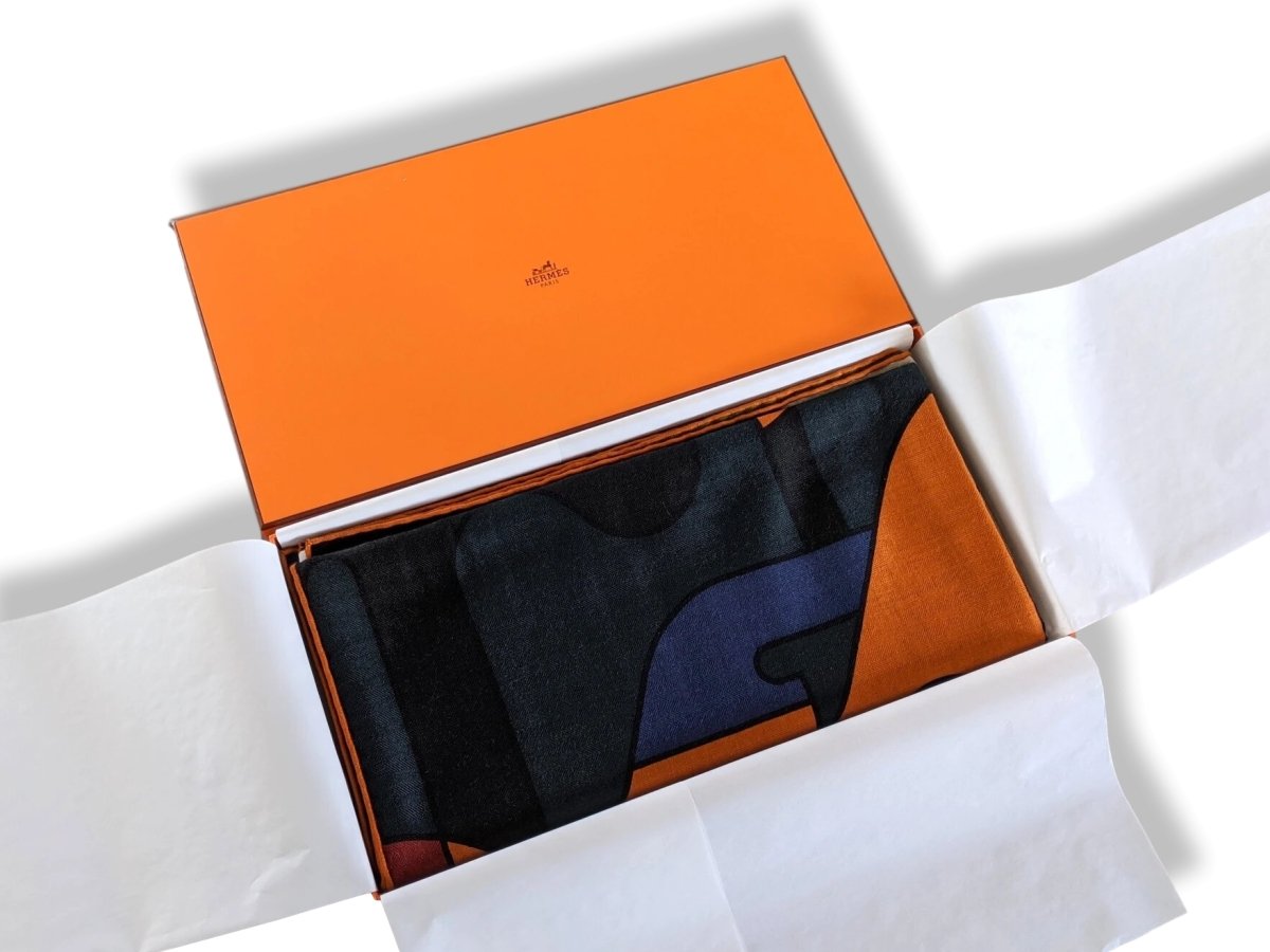Hermes [S10] 2019 Orange Gris King Blue BRAZILIAN HORSES by Anne-Margaux Ramstein Cashmere Shawl 140, NWTIB! - poupishop