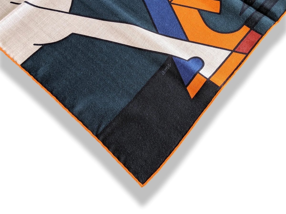 Hermes [S10] 2019 Orange Gris King Blue BRAZILIAN HORSES by Anne-Margaux Ramstein Cashmere Shawl 140, NWTIB! - poupishop