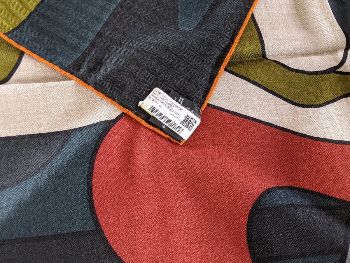 Hermes [S10] 2019 Orange Gris King Blue BRAZILIAN HORSES by Anne-Margaux Ramstein Cashmere Shawl 140, NWTIB! - poupishop