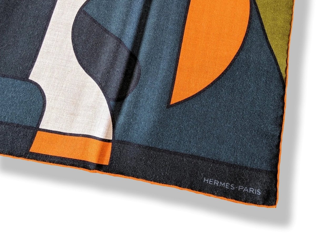 Hermes [S10] 2019 Orange Gris King Blue BRAZILIAN HORSES by Anne-Margaux Ramstein Cashmere Shawl 140, NWTIB! - poupishop