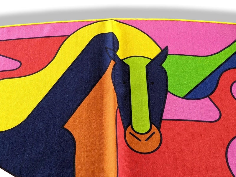 Hermes [S11] 2019 Vibrant Yellow Green Fluo Blue BRAZILIAN HORSES by Anne-Margaux Ramstein Cashmere Shawl 140, NWTIB! - poupishop