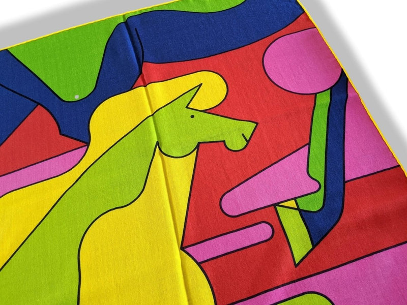 Hermes [S11] 2019 Vibrant Yellow Green Fluo Blue BRAZILIAN HORSES by Anne-Margaux Ramstein Cashmere Shawl 140, NWTIB! - poupishop