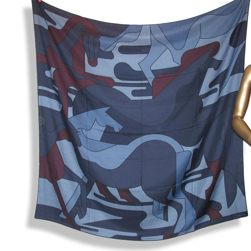Hermes [S12] 2019 Blue Chiné Navy Red H BRAZILIAN HORSES by Anne-Margaux Ramstein Cashmere Shawl 140, NWTIB! - poupishop