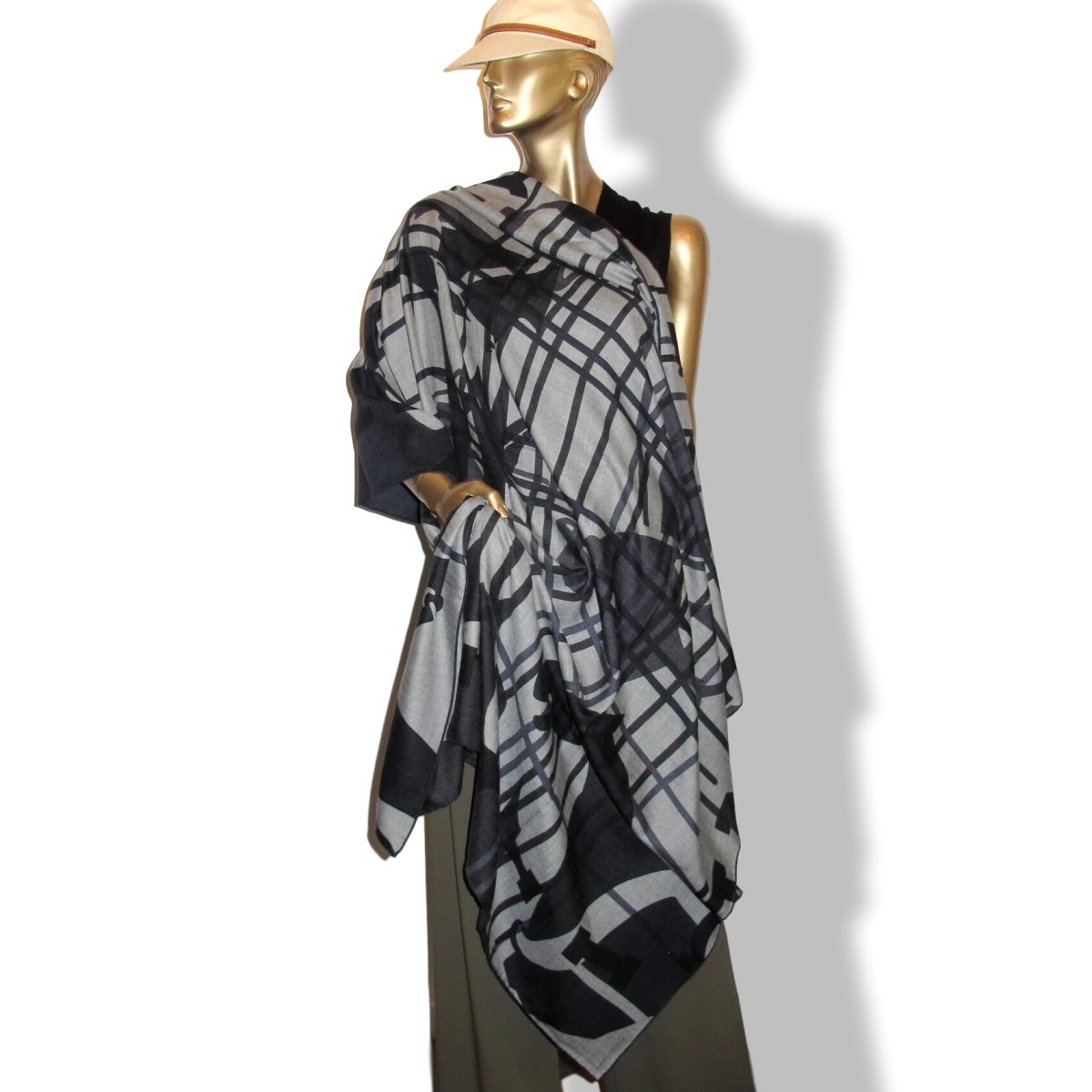 Hermes [S13] 2019 Dark Grey Chine, Navy IMPRIMEUR FOU LIQUID PUZZLE by Cyrille Diatkine/Joachim Metz Cashmere Shawl 140, NWTIB! - poupishop