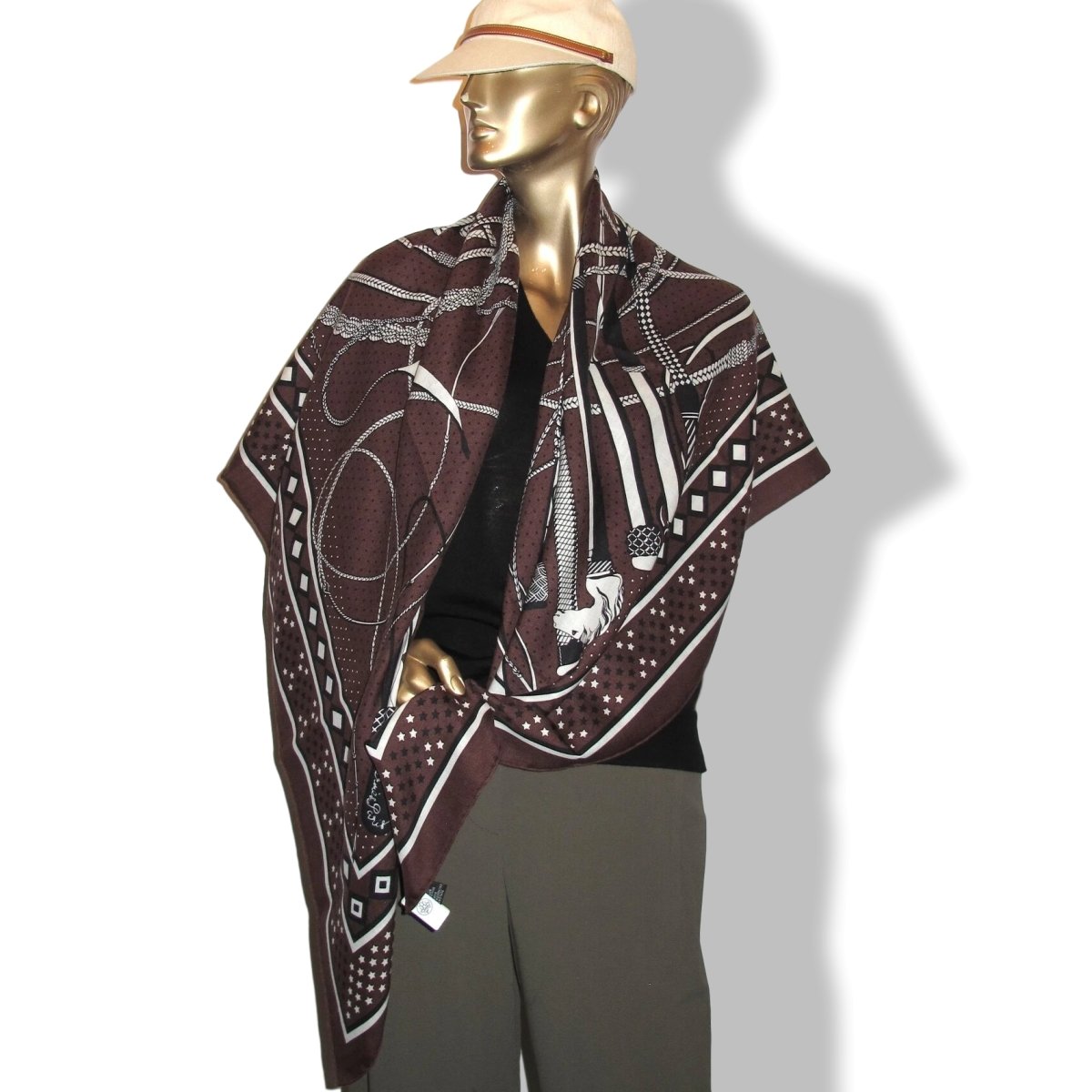 Hermes [S14] 2019 Brown White Black FOUETS ET BADINES BANDANA by Virginie Jamin Cashmere Shawl 140, NWTIB! - poupishop