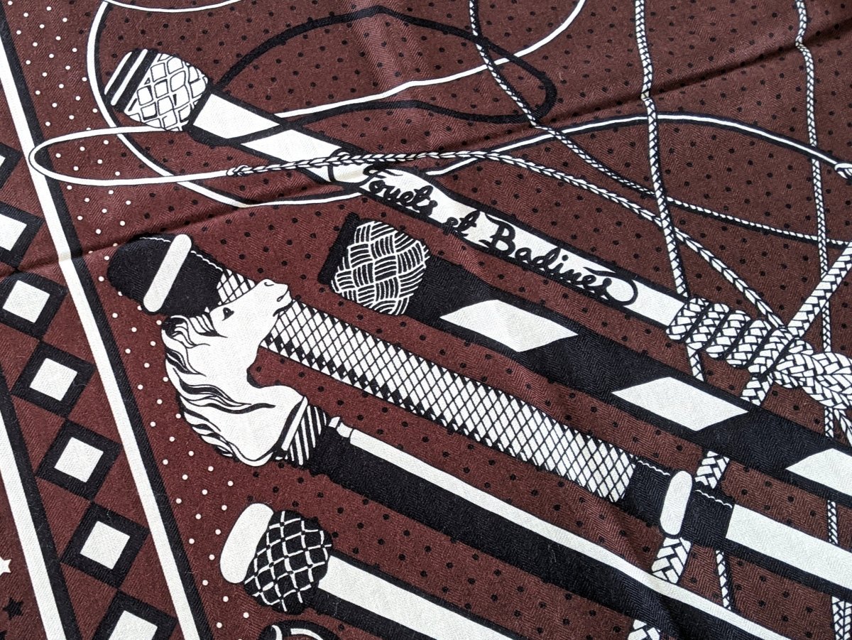 Hermes [S14] 2019 Brown White Black FOUETS ET BADINES BANDANA by Virginie Jamin Cashmere Shawl 140, NWTIB! - poupishop