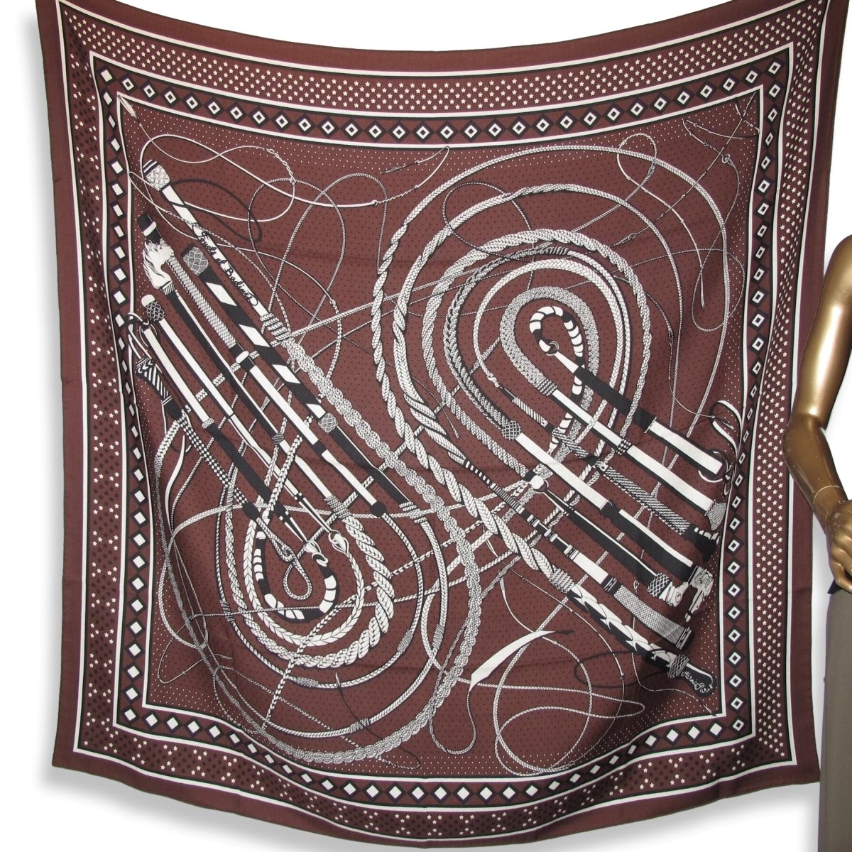 Hermes [S14] 2019 Brown White Black FOUETS ET BADINES BANDANA by Virginie Jamin Cashmere Shawl 140, NWTIB! - poupishop