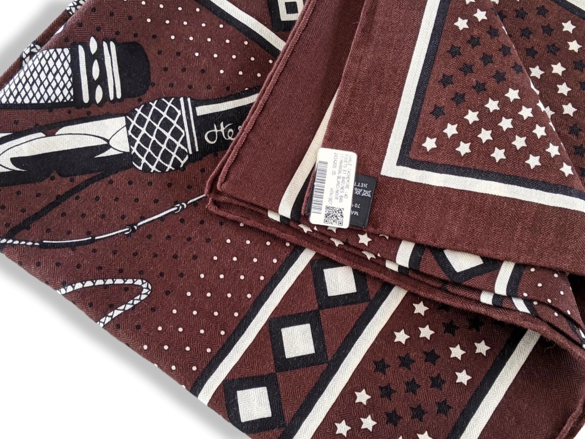 Hermes [S14] 2019 Brown White Black FOUETS ET BADINES BANDANA by Virginie Jamin Cashmere Shawl 140, NWTIB! - poupishop