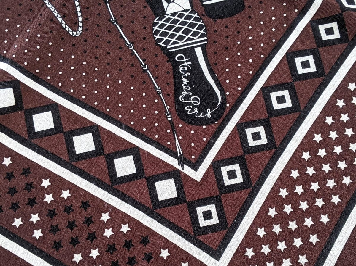 Hermes [S14] 2019 Brown White Black FOUETS ET BADINES BANDANA by Virginie Jamin Cashmere Shawl 140, NWTIB! - poupishop