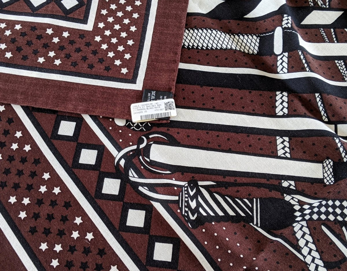 Hermes [S14] 2019 Brown White Black FOUETS ET BADINES BANDANA by Virginie Jamin Cashmere Shawl 140, NWTIB! - poupishop