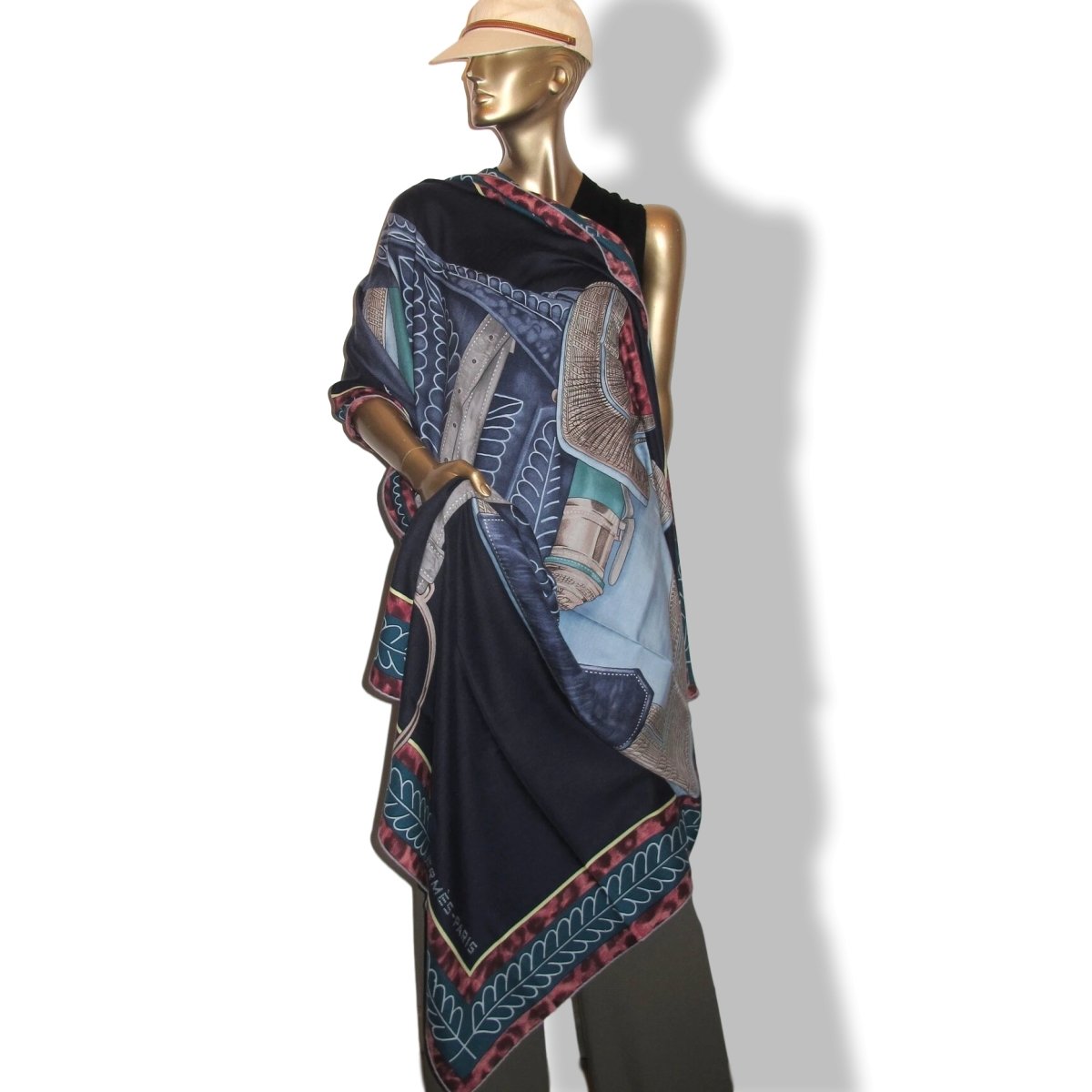 Hermes [S15] 2017 Navy Petrol Sky SELLE D'OFFICIER EN GRANDE TENUE by Wlodek Kaminski Cashmere Shawl 140, NWTIB! - poupishop