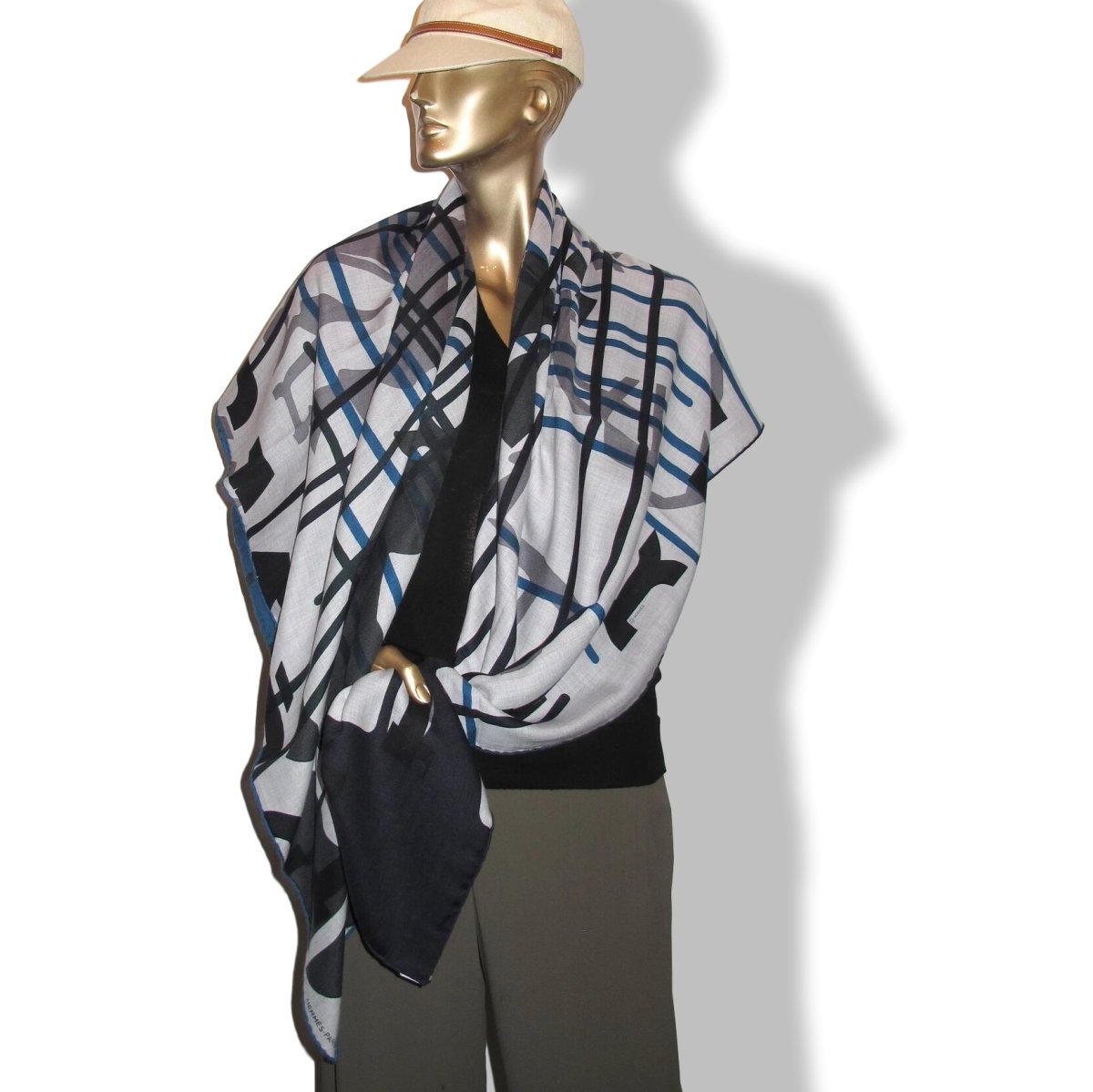 Hermes [S16] 2019 Grey Light Chine King Blue Anthracite IMPRIMEUR FOU LIQUID PUZZLE by Cyrille Diatkine/Joachim Metz Cashmere Shawl 140, NWTIB! - poupishop