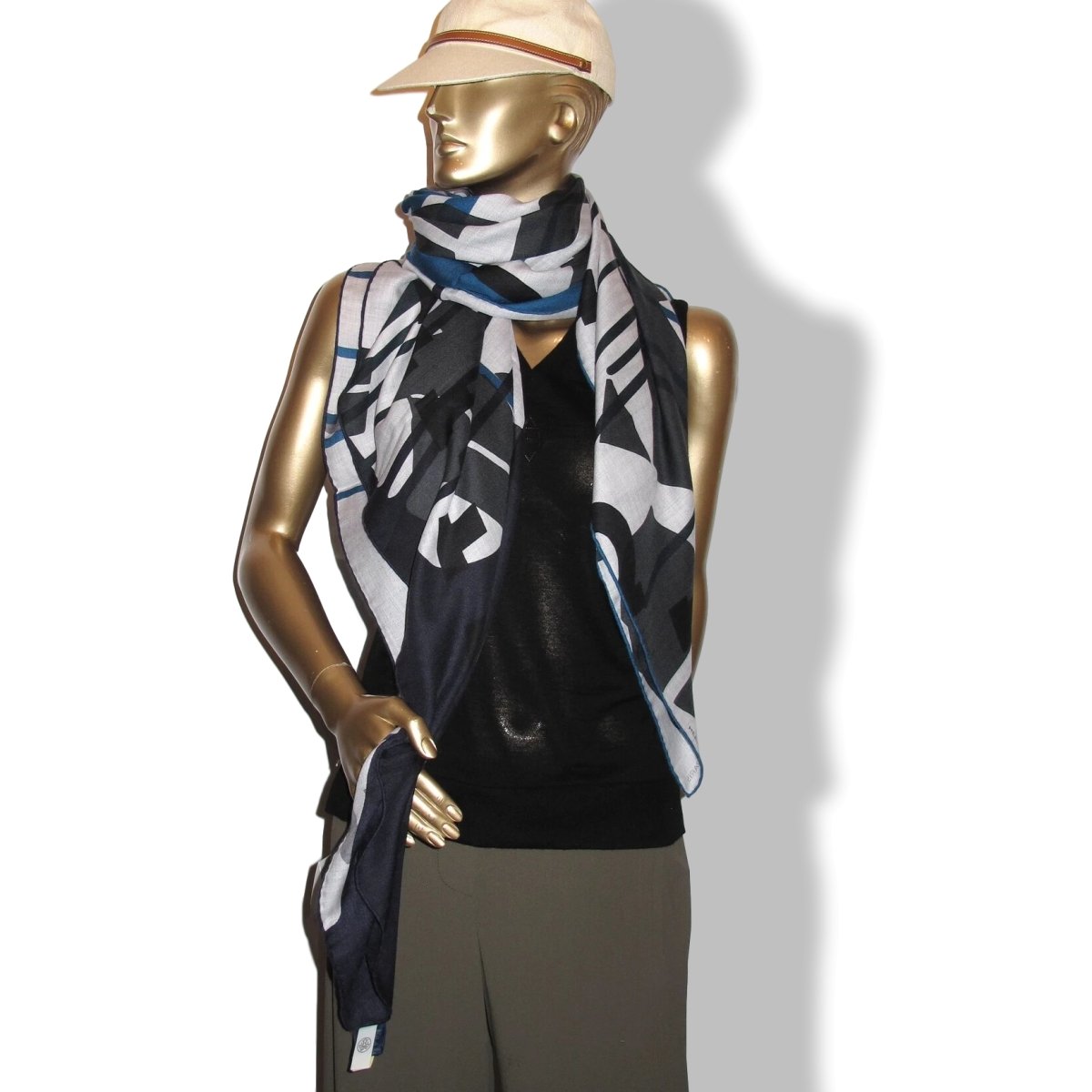 Hermes [S16] 2019 Grey Light Chine King Blue Anthracite IMPRIMEUR FOU LIQUID PUZZLE by Cyrille Diatkine/Joachim Metz Cashmere Shawl 140, NWTIB! - poupishop