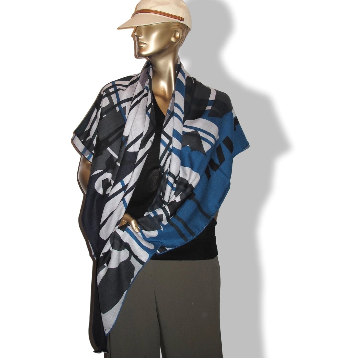 Hermes [S16] 2019 Grey Light Chine King Blue Anthracite IMPRIMEUR FOU LIQUID PUZZLE by Cyrille Diatkine/Joachim Metz Cashmere Shawl 140, NWTIB! - poupishop
