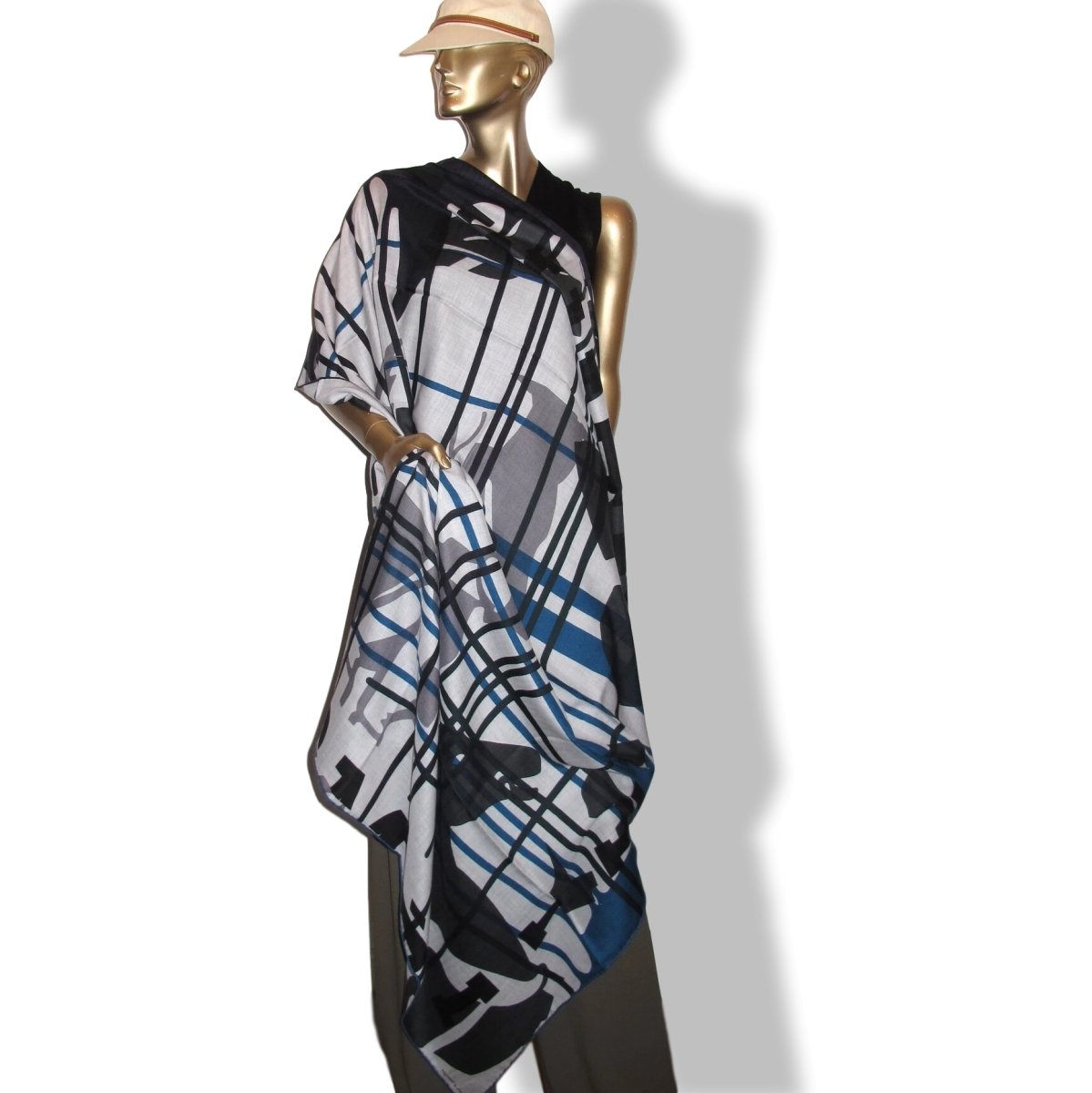 Hermes [S16] 2019 Grey Light Chine King Blue Anthracite IMPRIMEUR FOU LIQUID PUZZLE by Cyrille Diatkine/Joachim Metz Cashmere Shawl 140, NWTIB! - poupishop