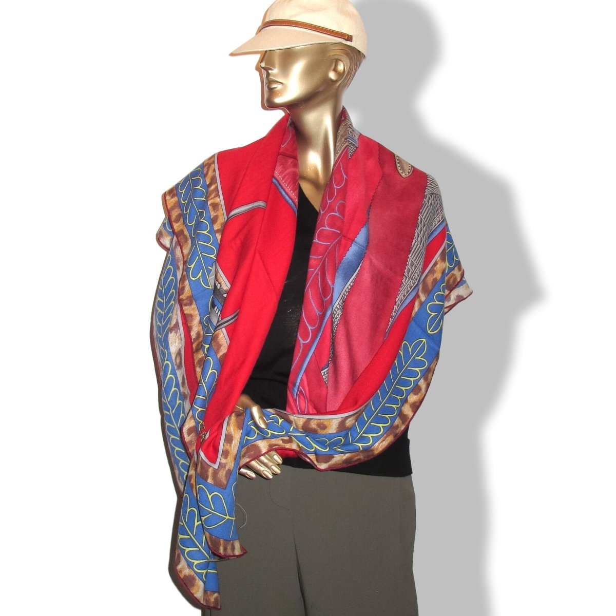Hermes [S17] 2017 Red Jean Blue Burgundy SELLE D'OFFICIER EN GRANDE TENUE by Wlodek Kaminski Cashmere Shawl 140, NWTIB! - poupishop