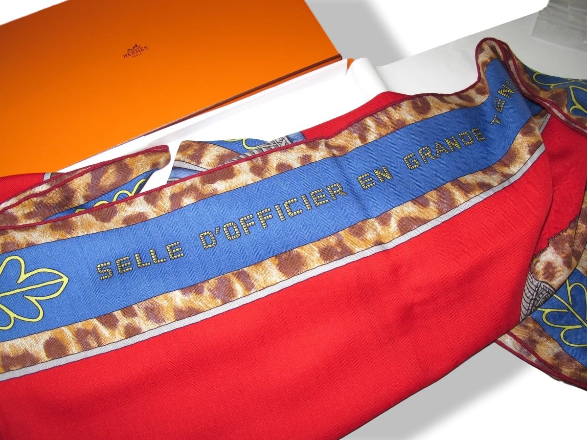 Hermes [S17] 2017 Red Jean Blue Burgundy SELLE D'OFFICIER EN GRANDE TENUE by Wlodek Kaminski Cashmere Shawl 140, NWTIB! - poupishop