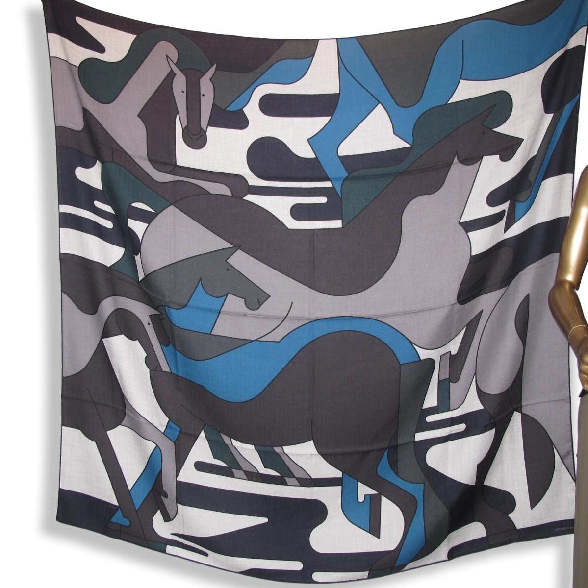 Hermes [S18] 2019 Anthracite Duck Blue Navy BRAZILIAN HORSES by Anne-Margaux Ramstein Cashmere Shawl 140, NWTIB! - poupishop