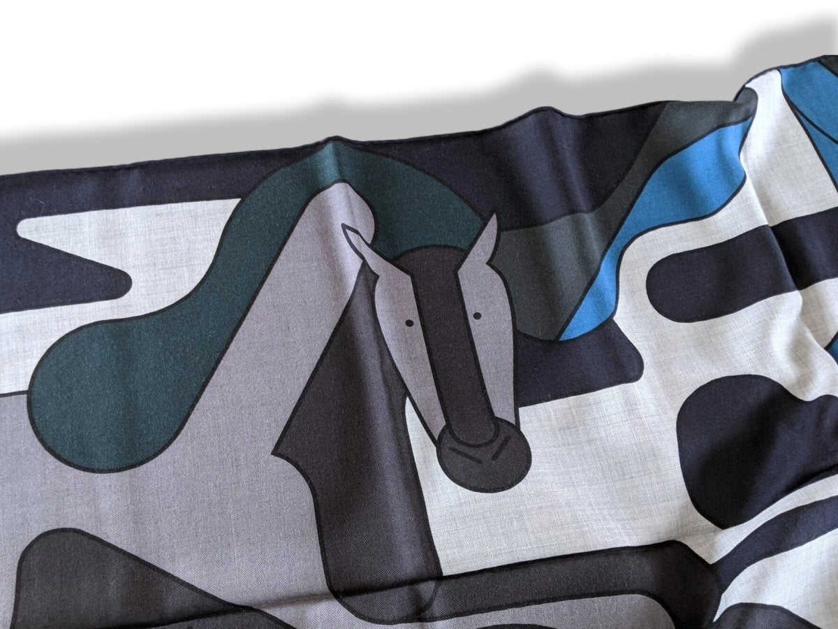 Hermes [S18] 2019 Anthracite Duck Blue Navy BRAZILIAN HORSES by Anne-Margaux Ramstein Cashmere Shawl 140, NWTIB! - poupishop
