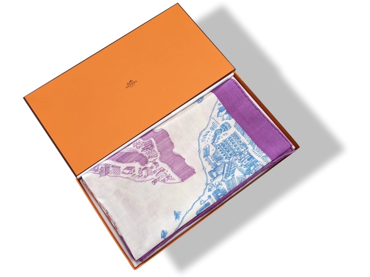 Hermes S20 Mauve/Petrole/Corail LA CITE CAVALIERE by Octave Marsal Cashmere Shawl 140, BNWTIB! - poupishop